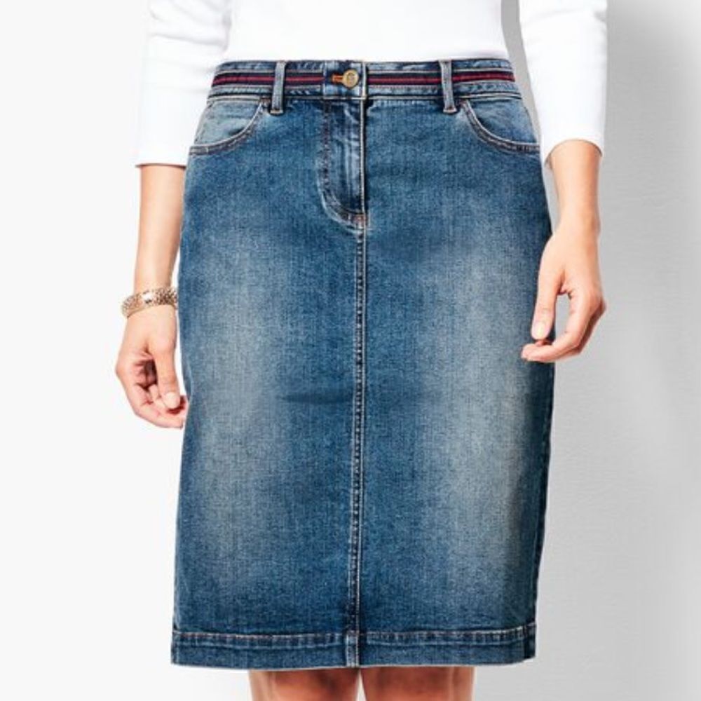 Talbots 4 petite midi jean skirt red built in belt